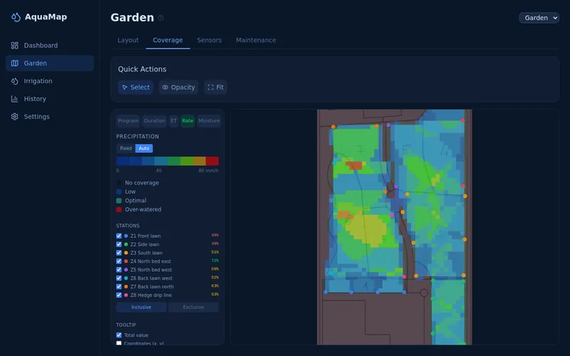 AquaMap coverage heatmap over the garden plan, with every sprinkler head marked